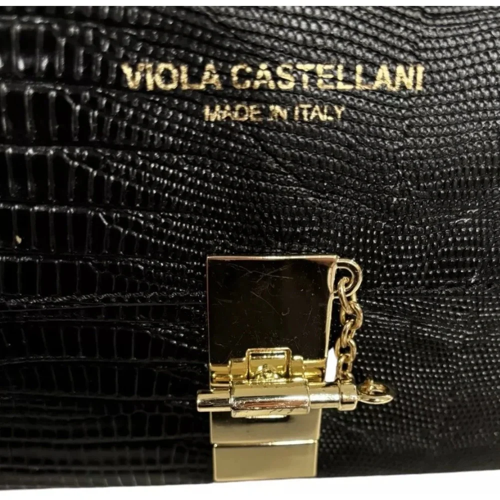 Viola Castellani Black Leather Crossbody Clutch Handbag Purse Italy Gold Whimsi